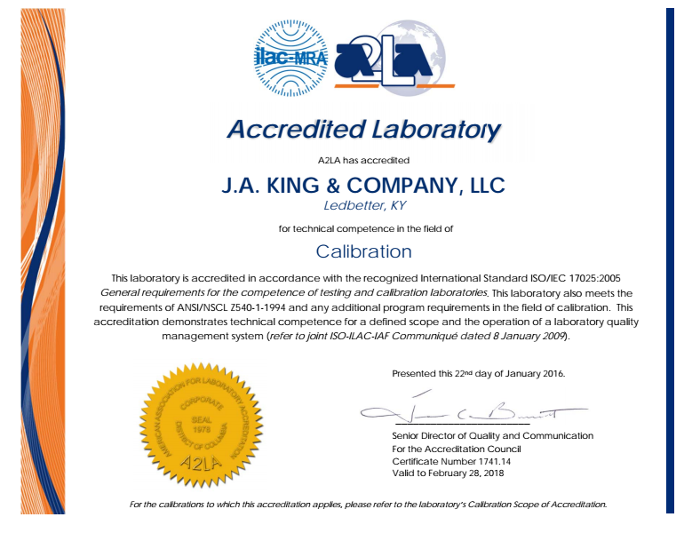PAD A2LA Certificate