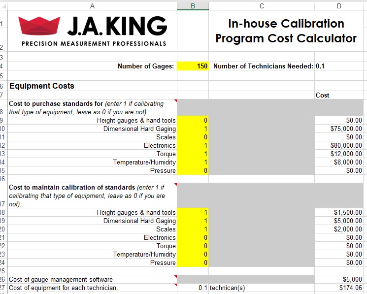 J.A. King Cost Calculator