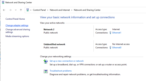 Setting Up a VM Network - Figure 3 - Control Panel Network and Sharing Center